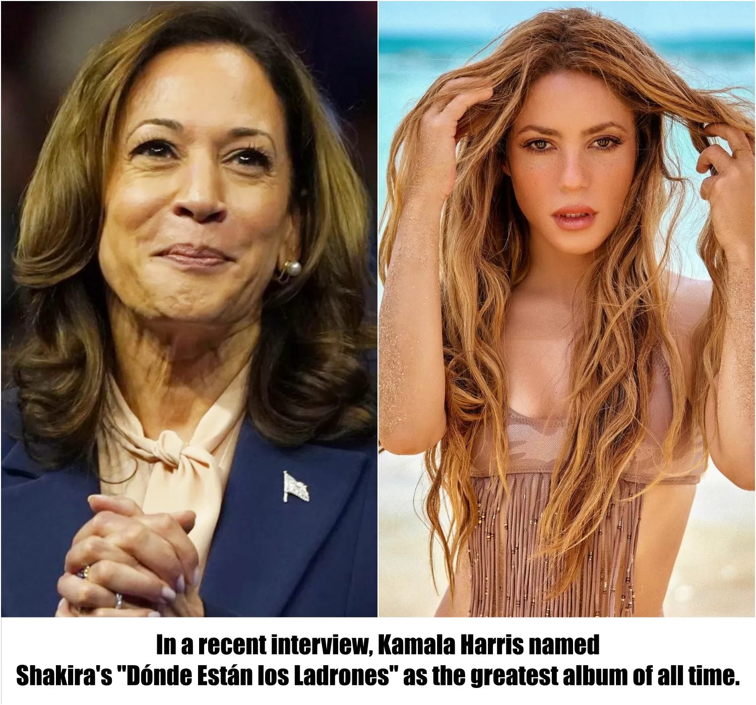 Cover Image for Kamala Harris Stuns with Bold Choice Declares Shakira’s ‘Dónde Están los La∂ɾones’ the Greatest Album Ever.